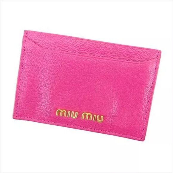 Miu Miu Card Case Logo Pink Gold leather Woman Authentic Used - Picture 1 of 7